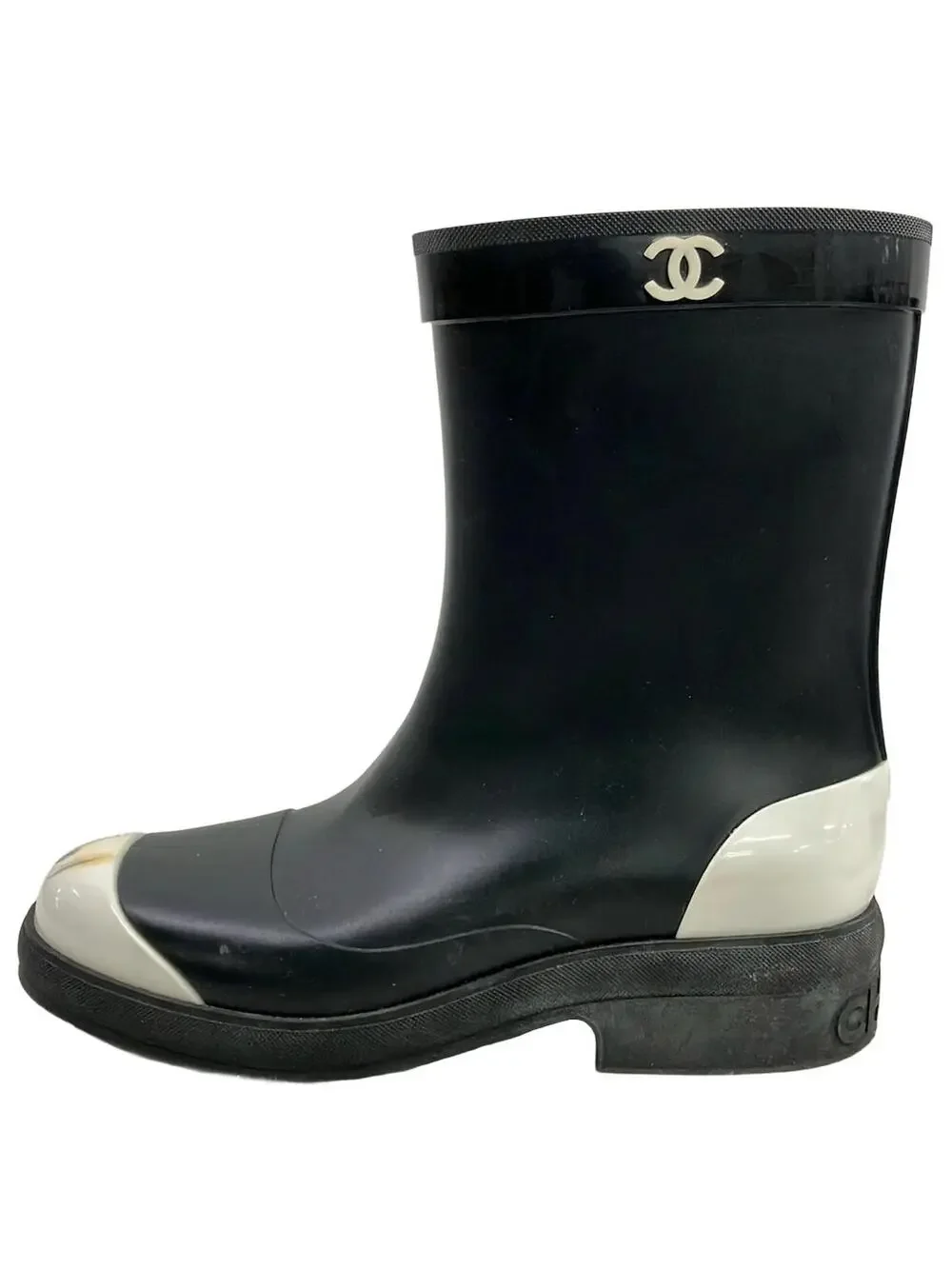 Chanel Black White Rubber Boots #295567C57B